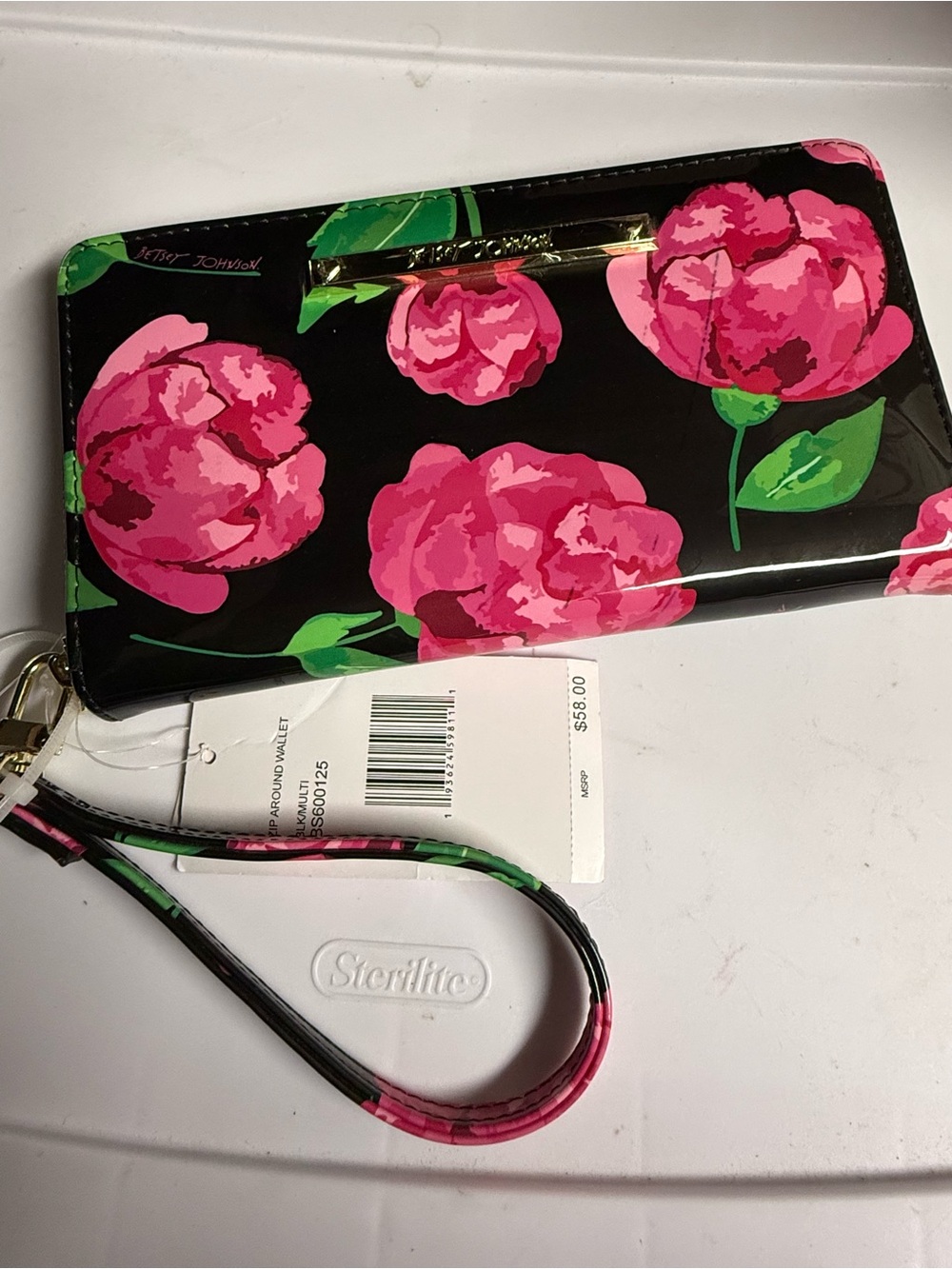 Betsey Johnson Black Wallet Wristlet with Pink Floral Print